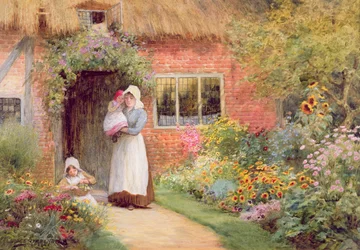Madre e bambini fuori da un cottage